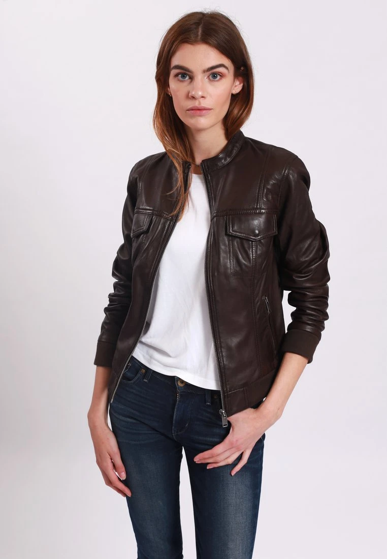Lee Cooper Leather Jacket With Round Collar - 2 Zipped Side Pockets - - Veste En Cuir - Brown 3 Lee Cooper Leather Jacket With Round Collar - 2 Zipped Side Pockets - - Veste En Cuir - Brown